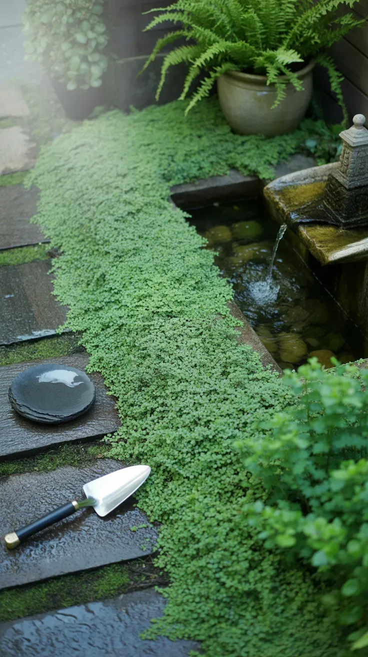Fine-textured dwarf baby's tears covering a damp shaded courtyard path between flagstones