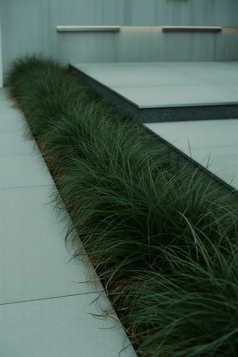 Dwarf mondo grass forming fine dark green border along shaded modern staircase edge