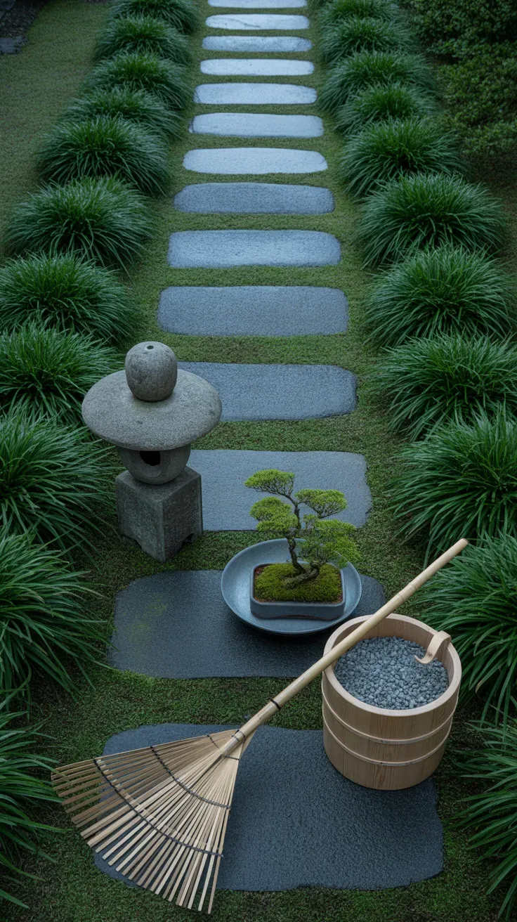 Neat rows of dwarf mondo grass edging a formal stone path in a Japanese-style garden