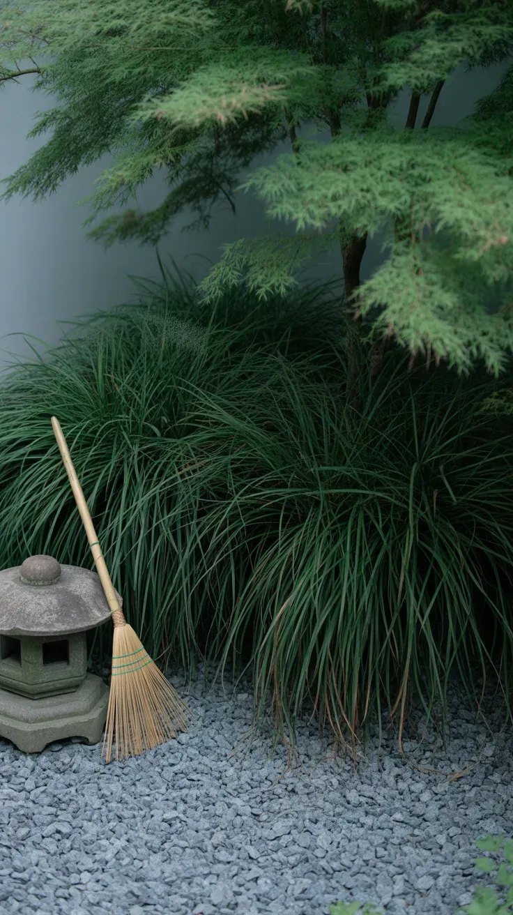 Dwarf mondo grass forming dense dark green tufts along shaded garden border