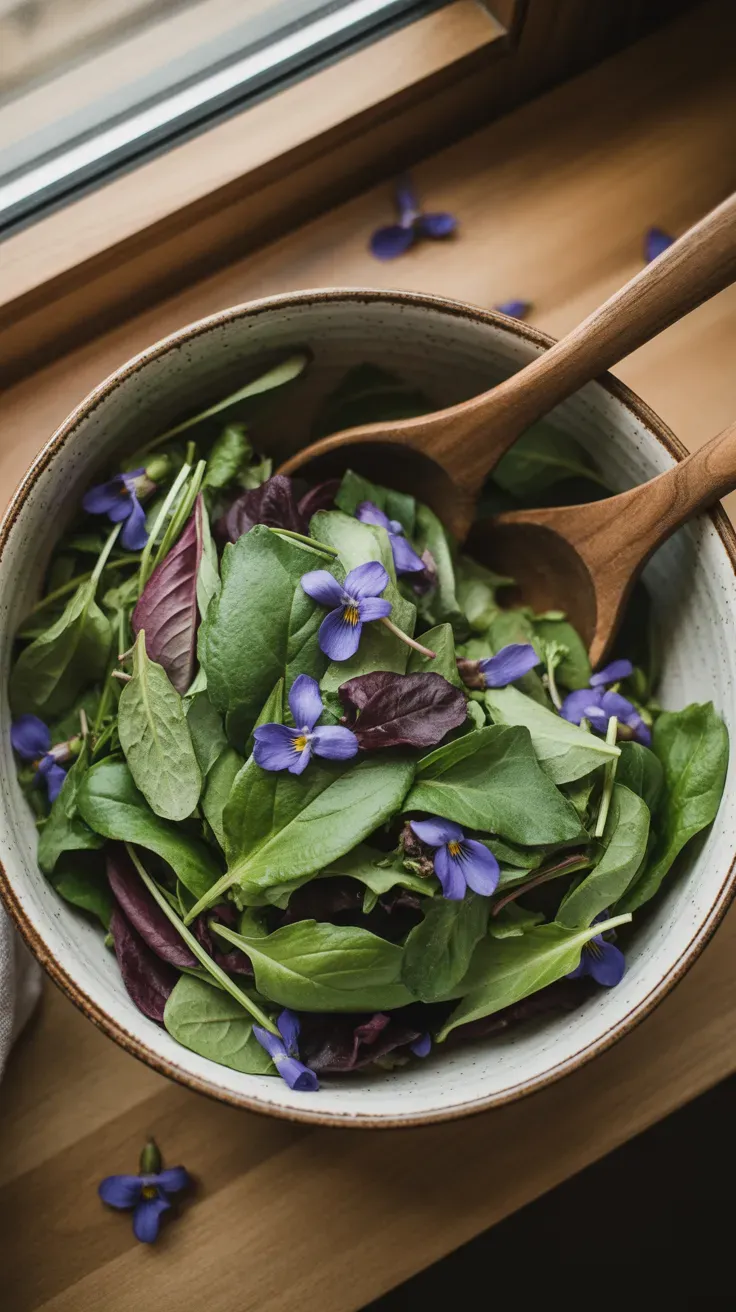 Salad bowl mixed with wild violet leaves, edible flowers, and other spring greens