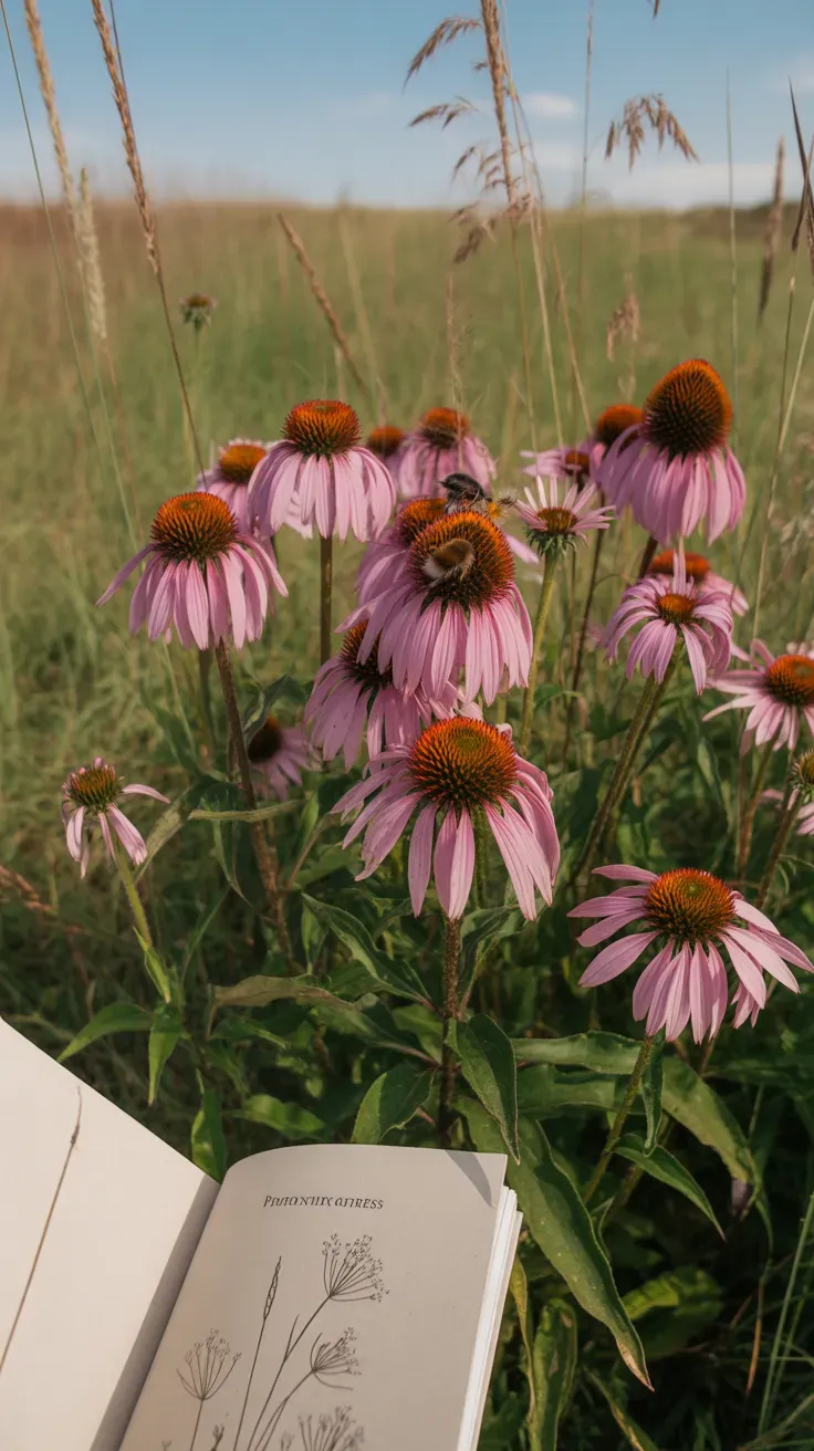 Wild echinacea with purple coneflower blooms growing in native prairie grassland