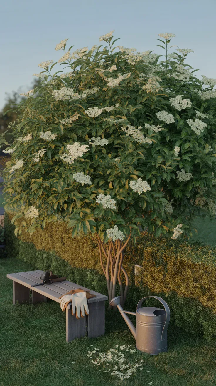 Mature elder shrub covered in white flower clusters growing along a garden hedge