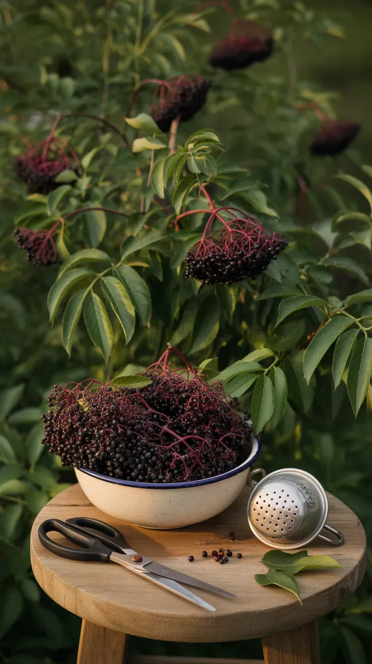 Ripe dark purple elderberry clusters in a harvesting bowl beside the shrub