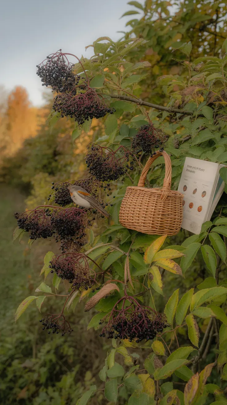 Wild elderberry shrub with clusters of dark purple berries growing along natural hedgerow