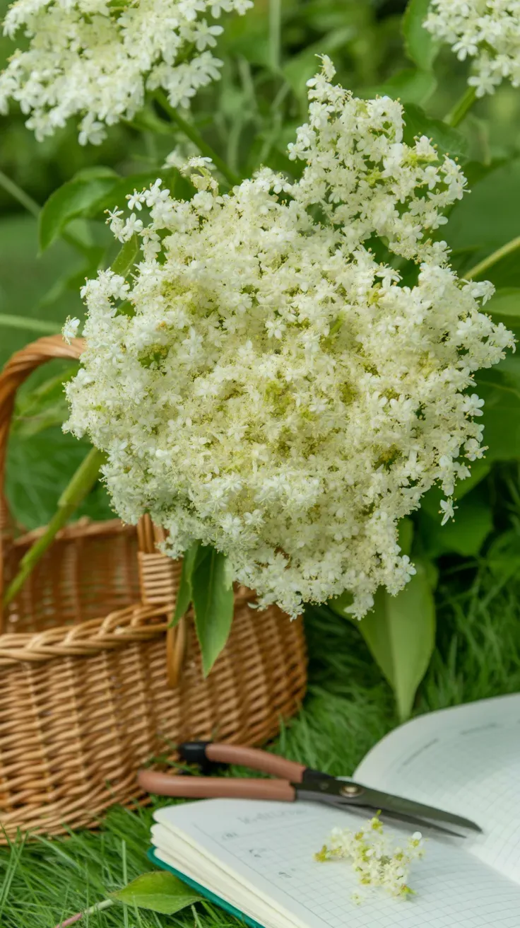Close-up of clustered white elderflower blossoms on a green shrub branch