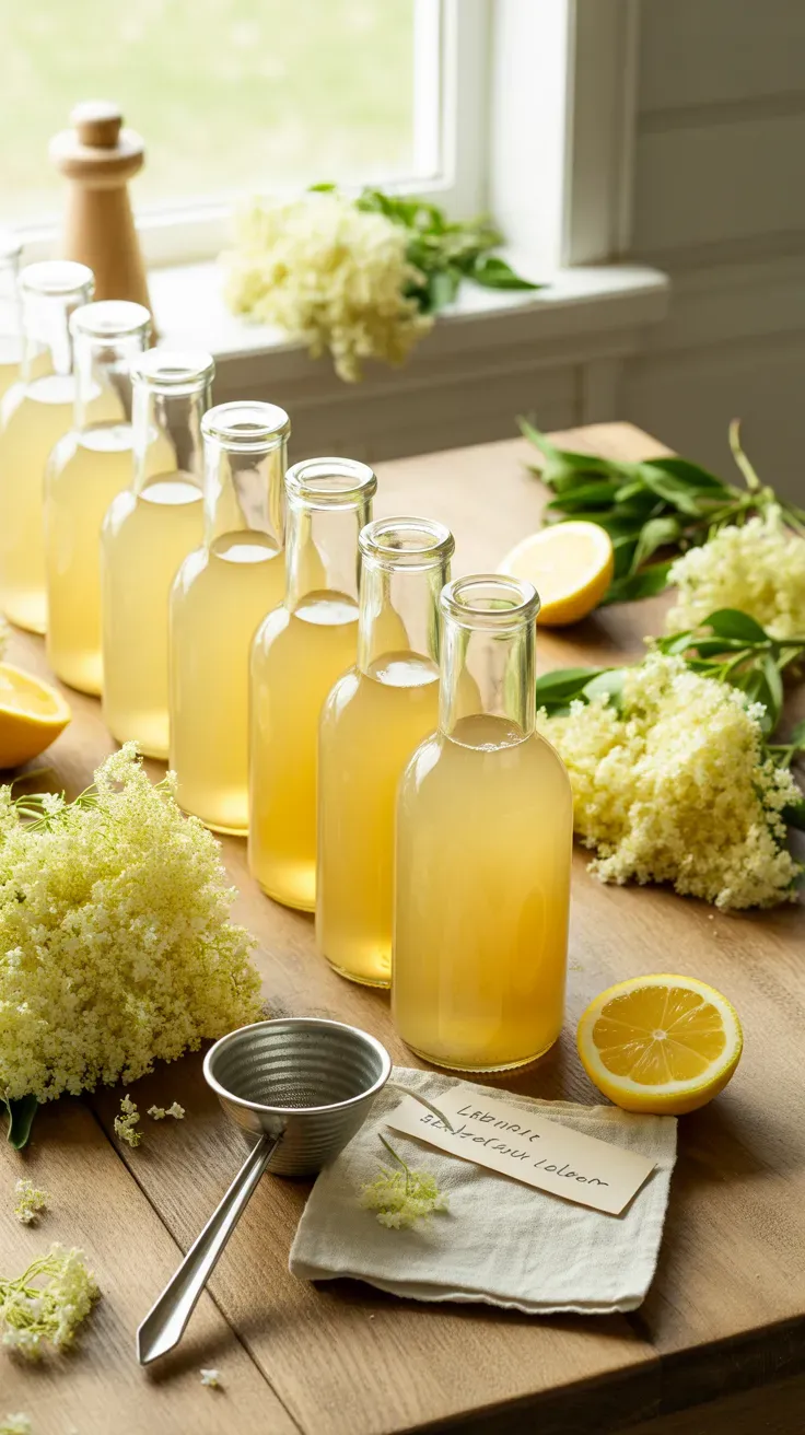 Homemade elderflower cordial in glass bottles surrounded by fresh flower clusters