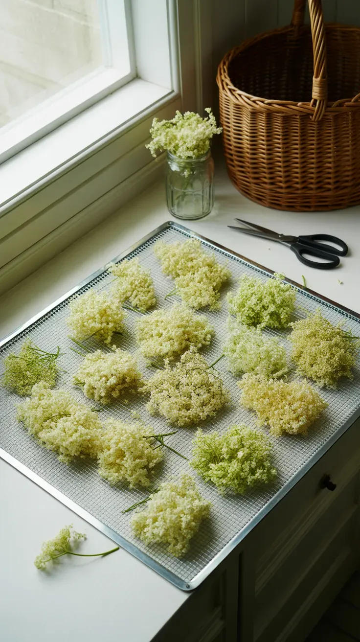 Freshly picked elderflower clusters drying on a mesh rack for preservation