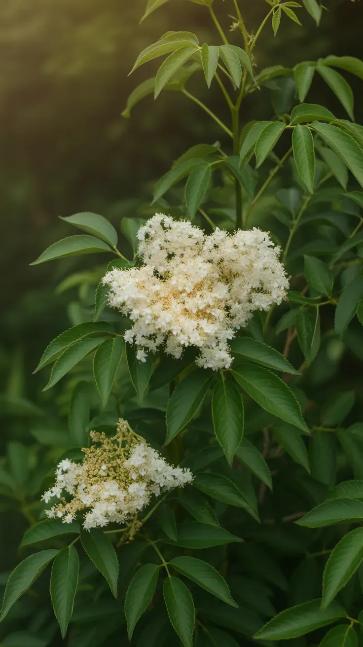 Large flat white elderflower clusters on a green shrub in early summer
