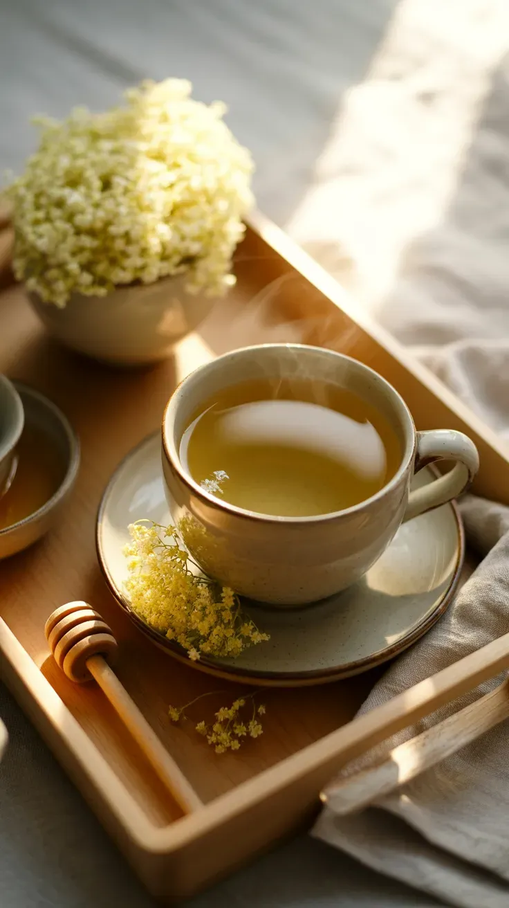 A cup of pale elderflower tea steeping beside dried flowers used as a traditional remedy