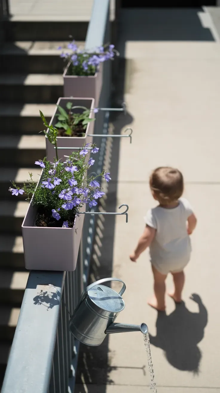 Rail-mounted planters elevated above toddler reach on kid-safe garden staircase