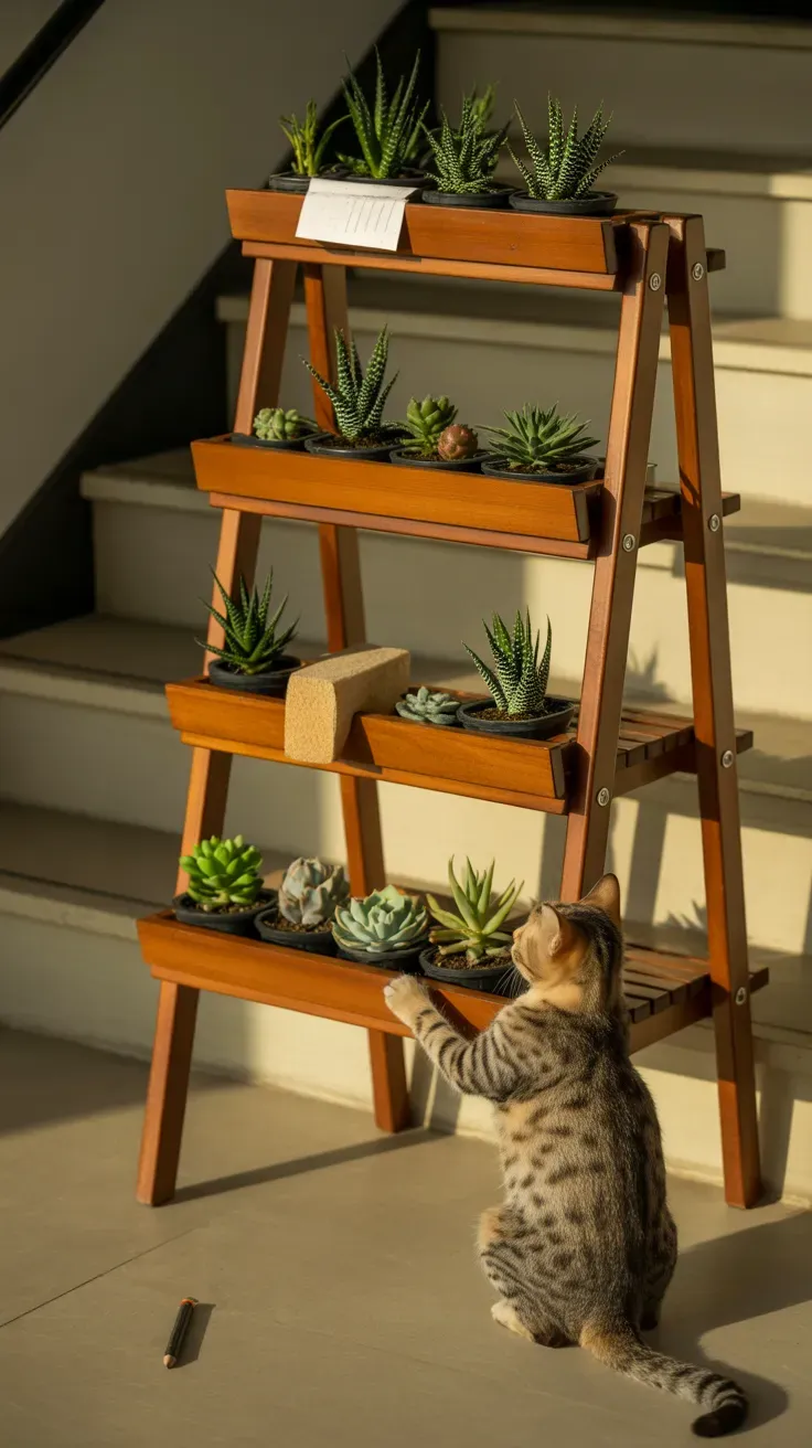 Tiered ladder shelf with succulents at multiple elevated heights deterring cat access on staircase