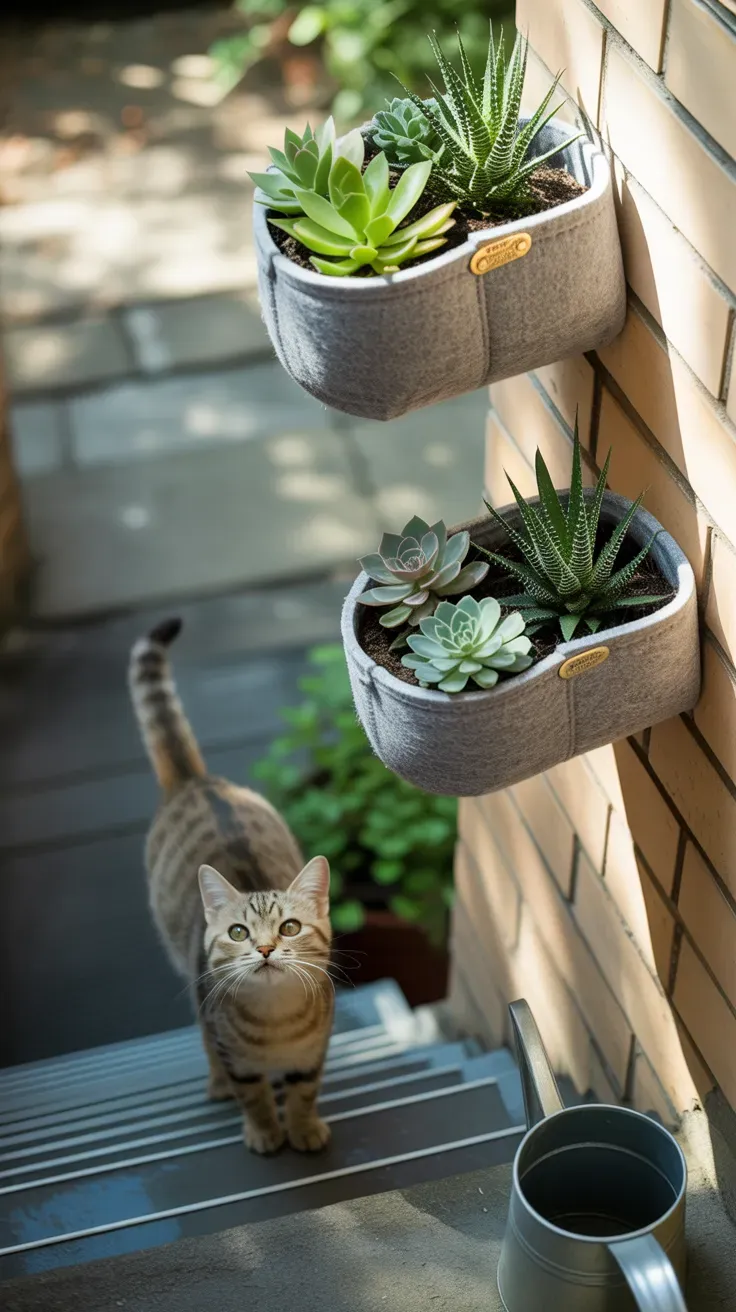 Elevated wall pocket planters with succulents mounted out of cat's reach on staircase wall