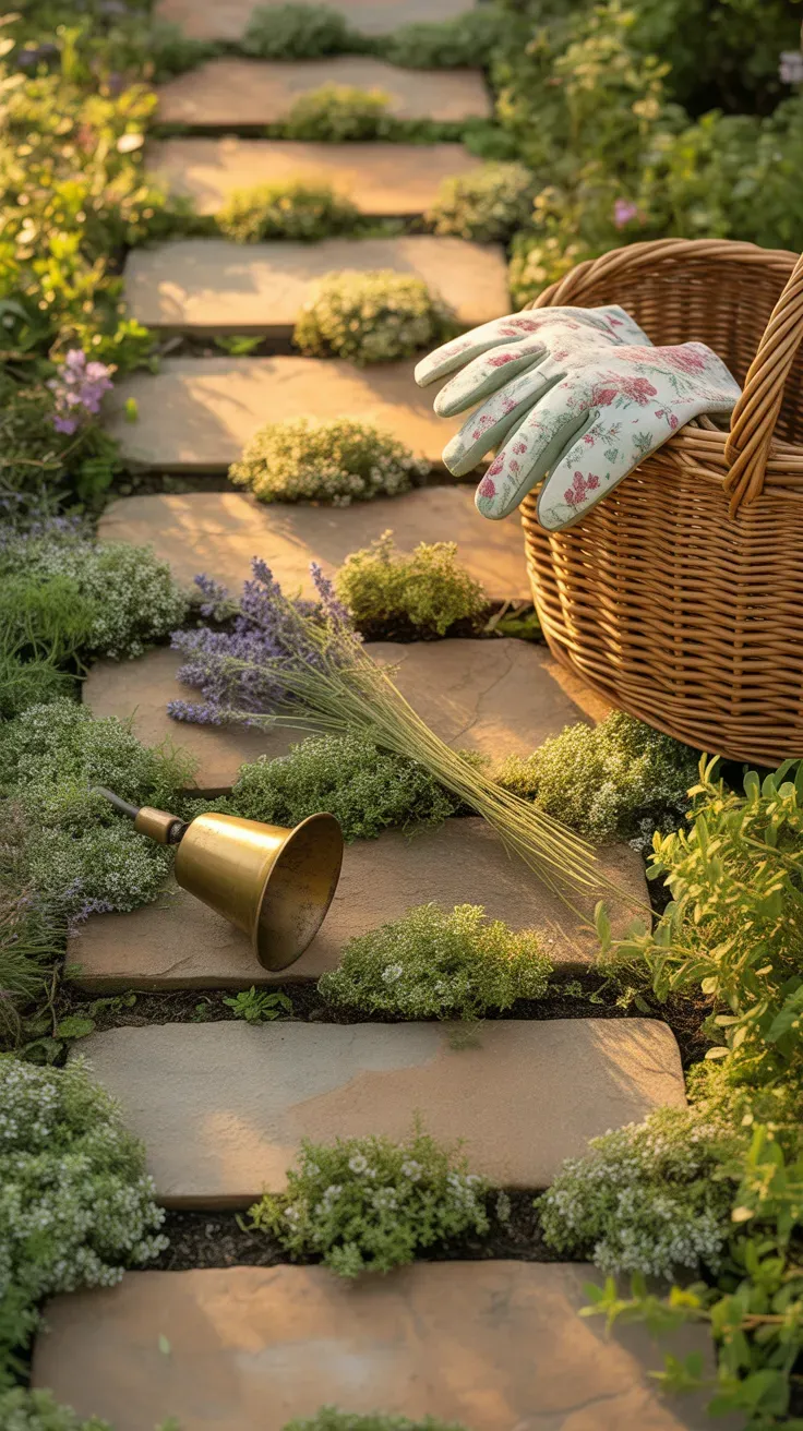 Miniature elfin thyme densely filling narrow joints between small cottage-style pavers