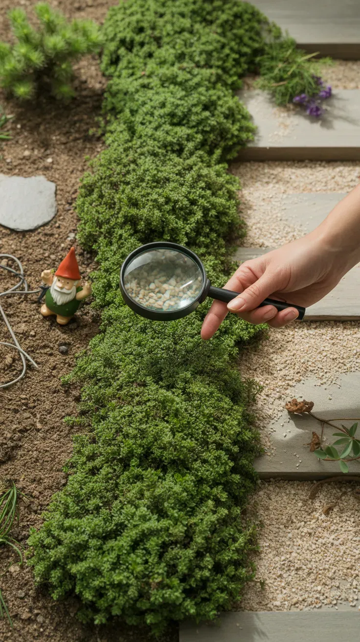 Elfin thyme forming extremely tight compact mat along sunny garden edging stones