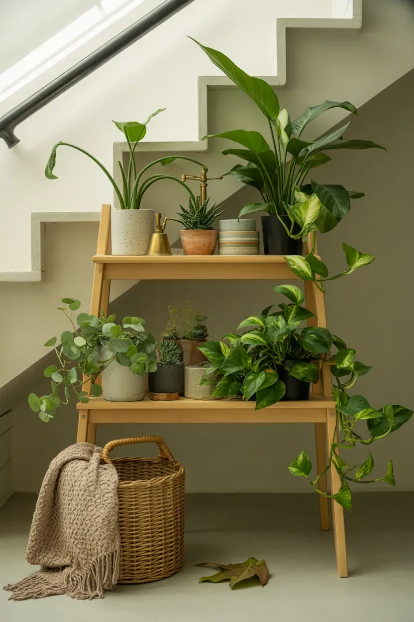 English ivy vines woven through the spindles of a wooden staircase banister