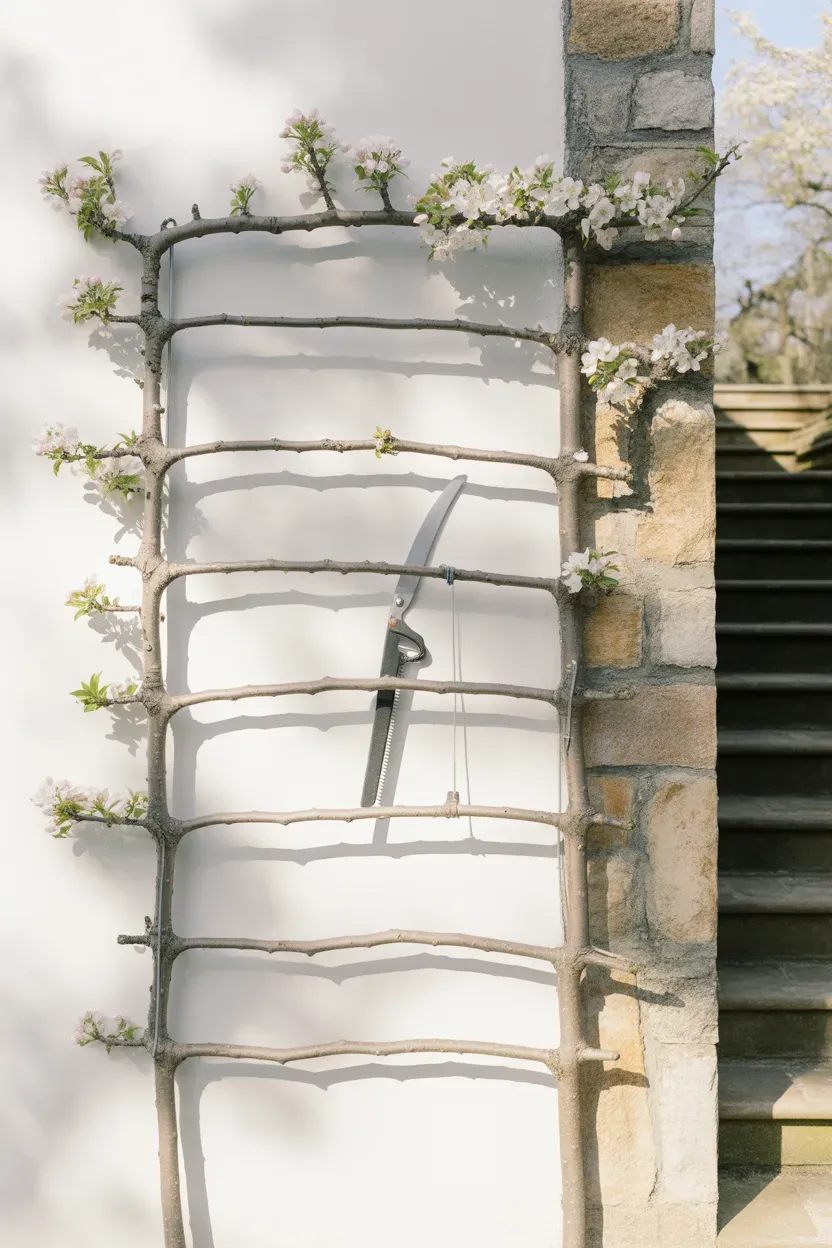 Espaliered apple tree trained flat against wall beside sculptural luxury garden staircase