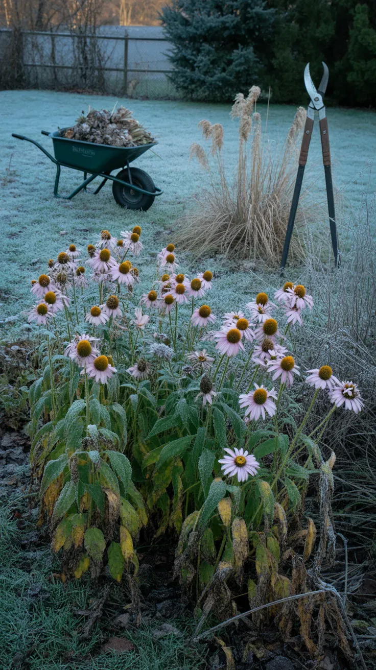 Bare coneflower stems cut to four inches in a frost-covered garden bed