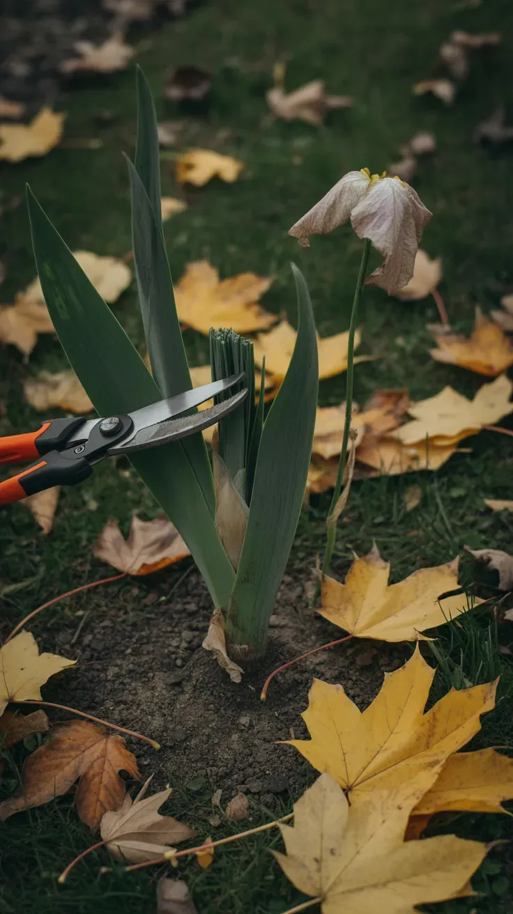 Iris fan being cut down to a short fan shape in autumn with fallen leaves nearby