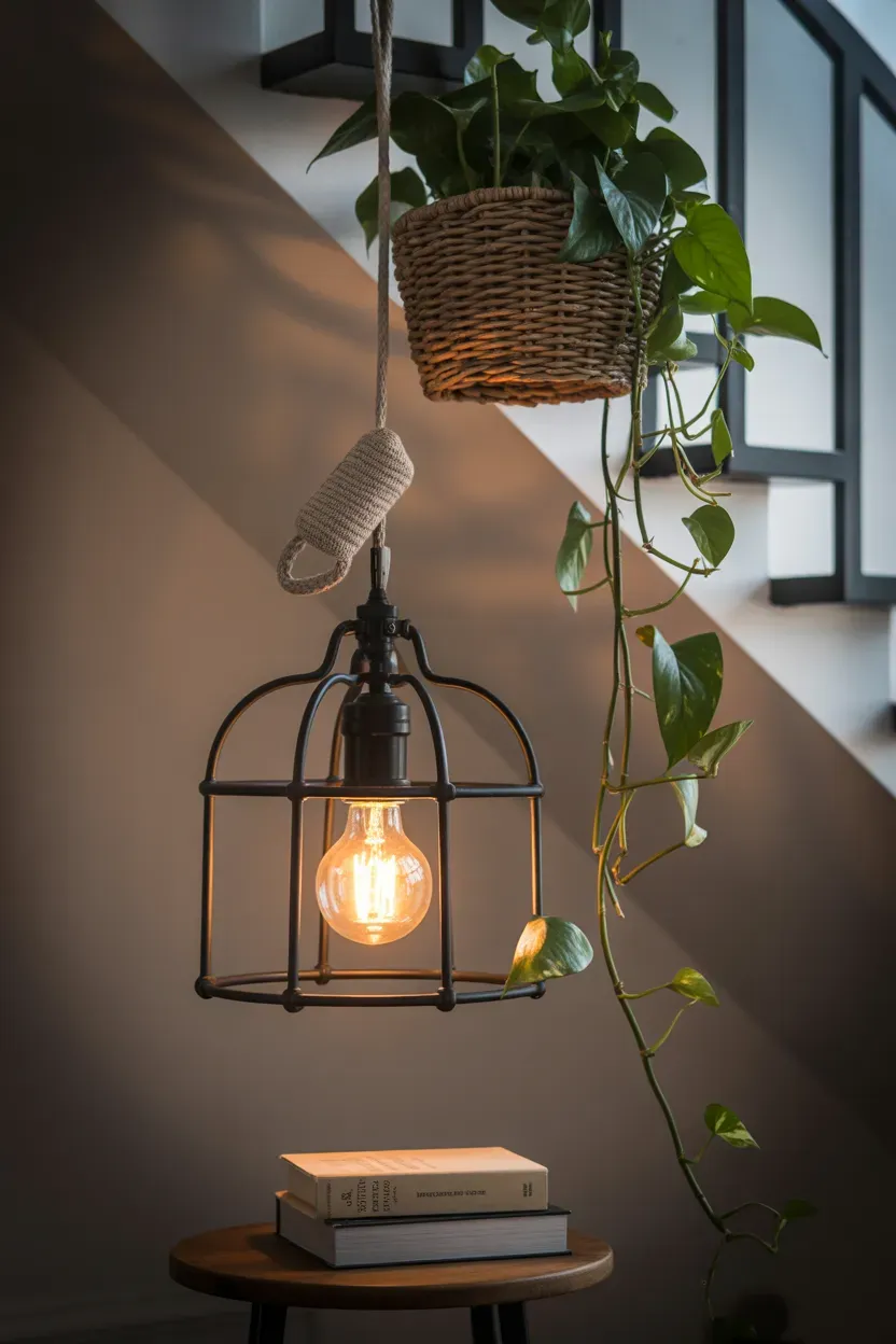 Farmhouse pendant light hung beside a trailing pothos plant at the top of a staircase