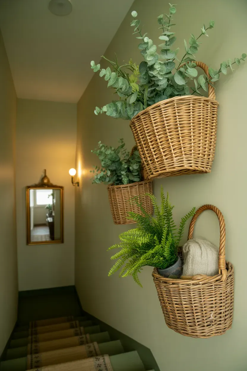 Woven wall baskets filled with realistic faux greenery in a dim interior staircase