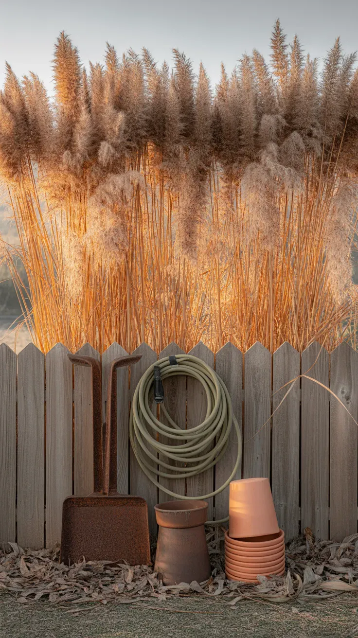 Tall upright feather reed grass plumes standing against a garden fence in late summer