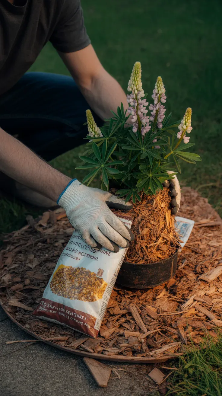 Hands spreading mulch around the base of a lupine plant after post-bloom pruning