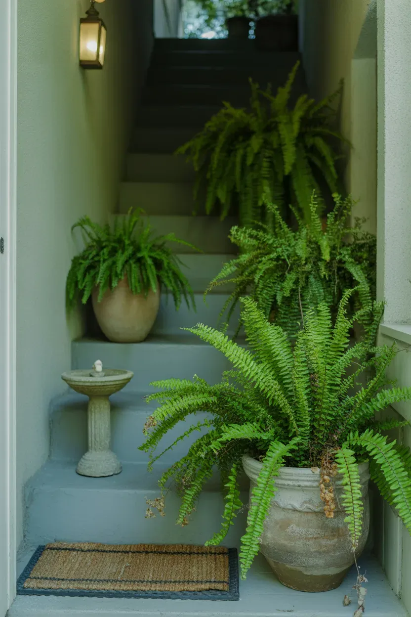 Ferns in mismatched pots lining shaded stairwell entrance with lush green texture