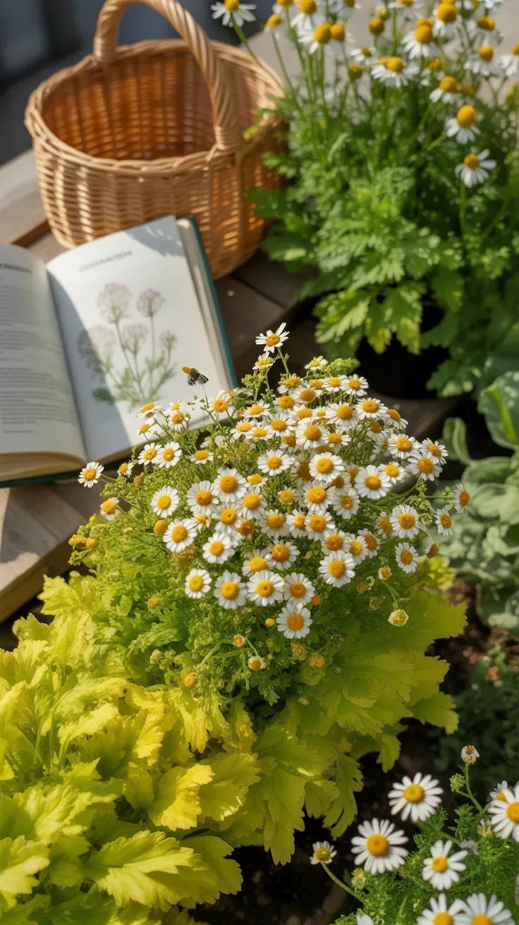 Feverfew with small daisy-like white blooms and yellow-green foliage growing at sunny garden edge