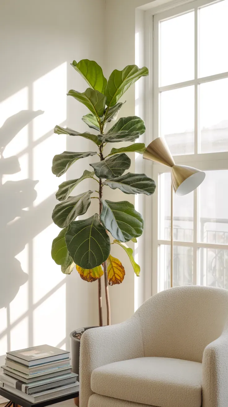 Tall fiddle leaf fig with large glossy leaves in bright living room corner