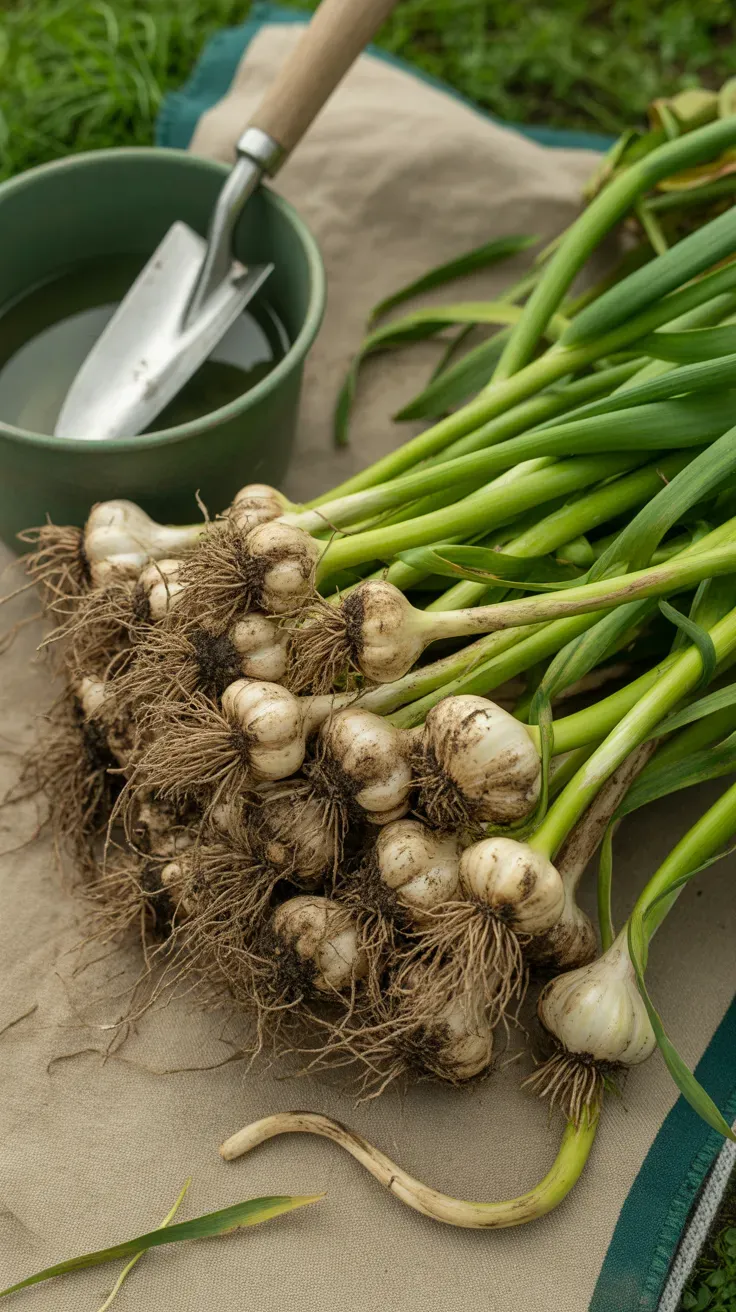 Freshly pulled field garlic bulbs with roots and green stalks on a garden cloth