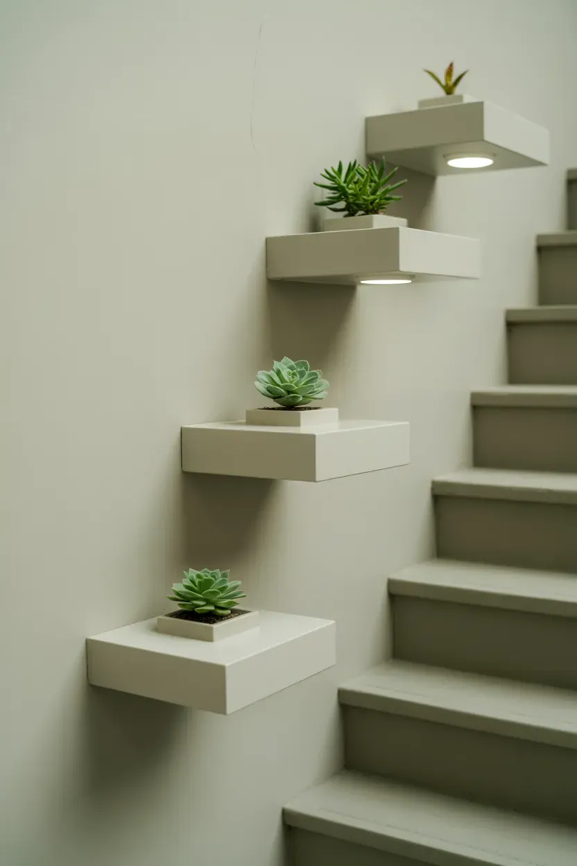 Floating wall-mounted shelf planters with succulents appearing suspended beside modern staircase