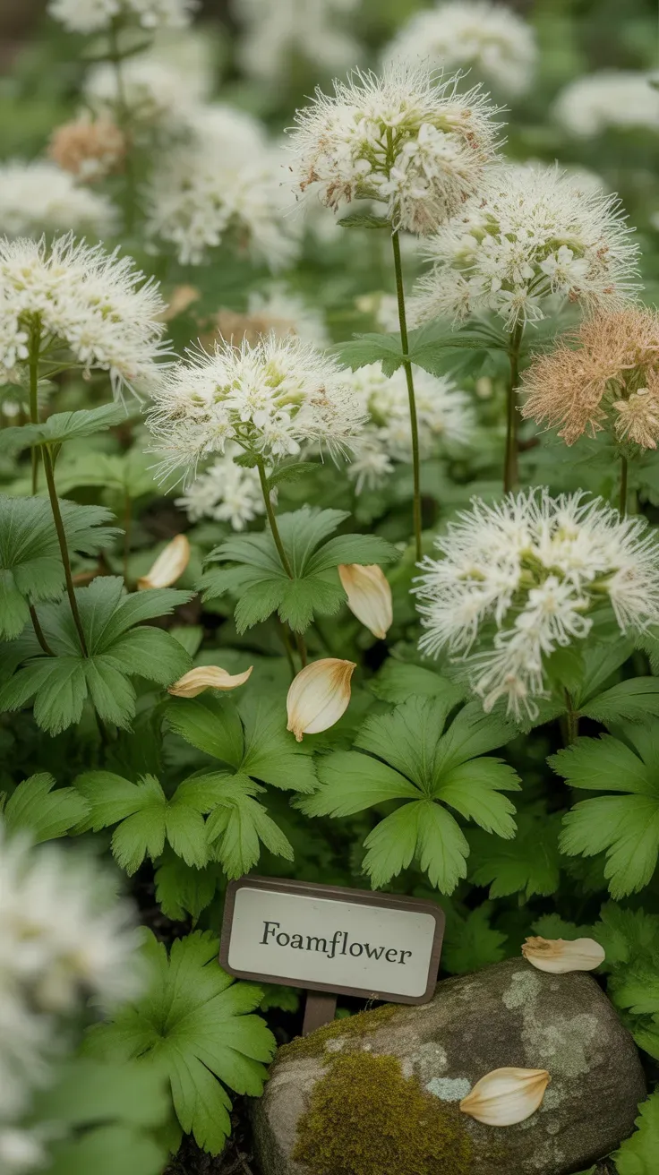 Foamflower with white plume-like blooms spreading across native shaded woodland garden bed