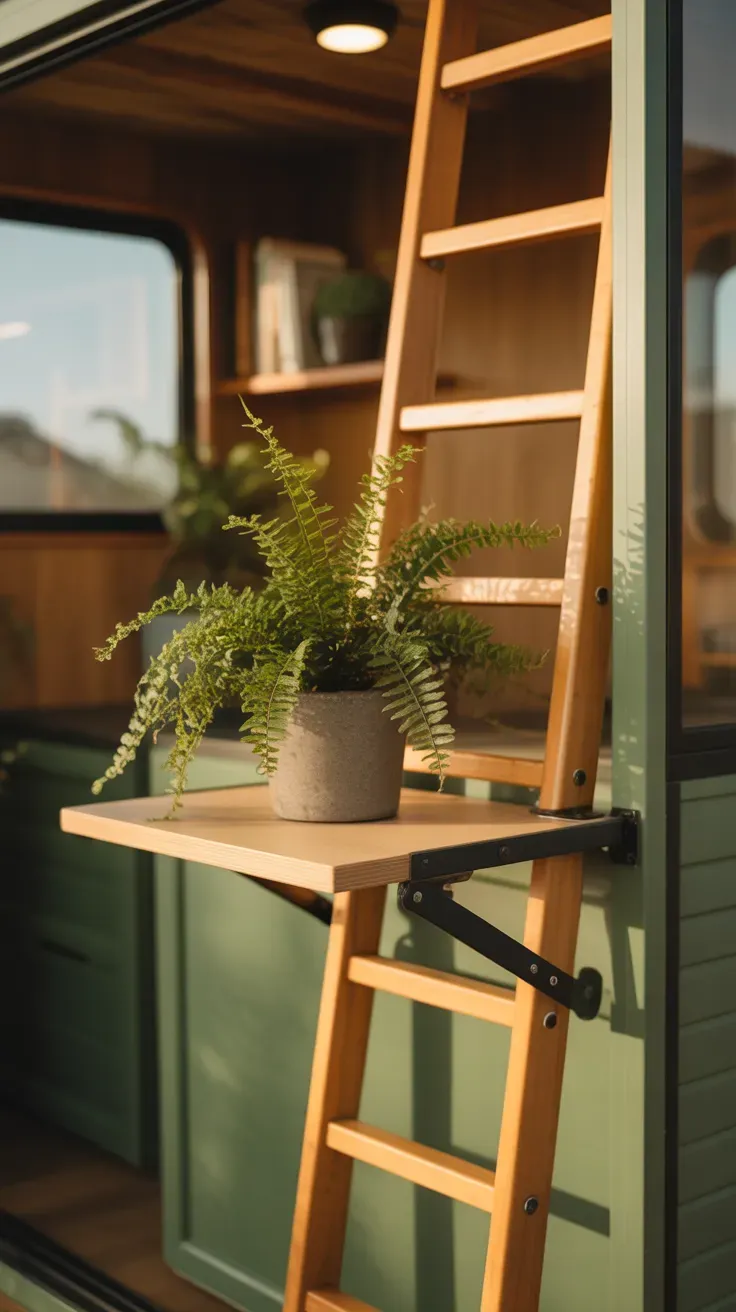 Fold-down shelf planter attached to ladder-style tiny home stairs holding small plant