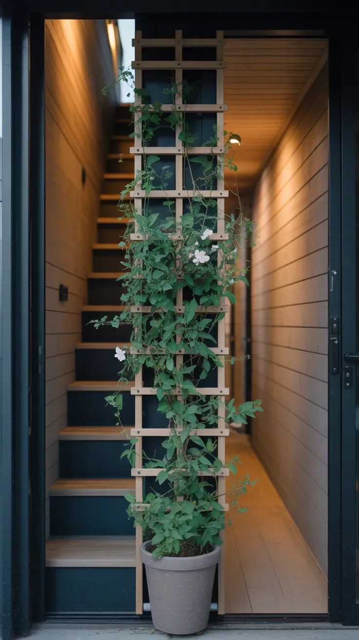 Foldaway trellis pot with climbing vine attached to wall beside tiny home staircase