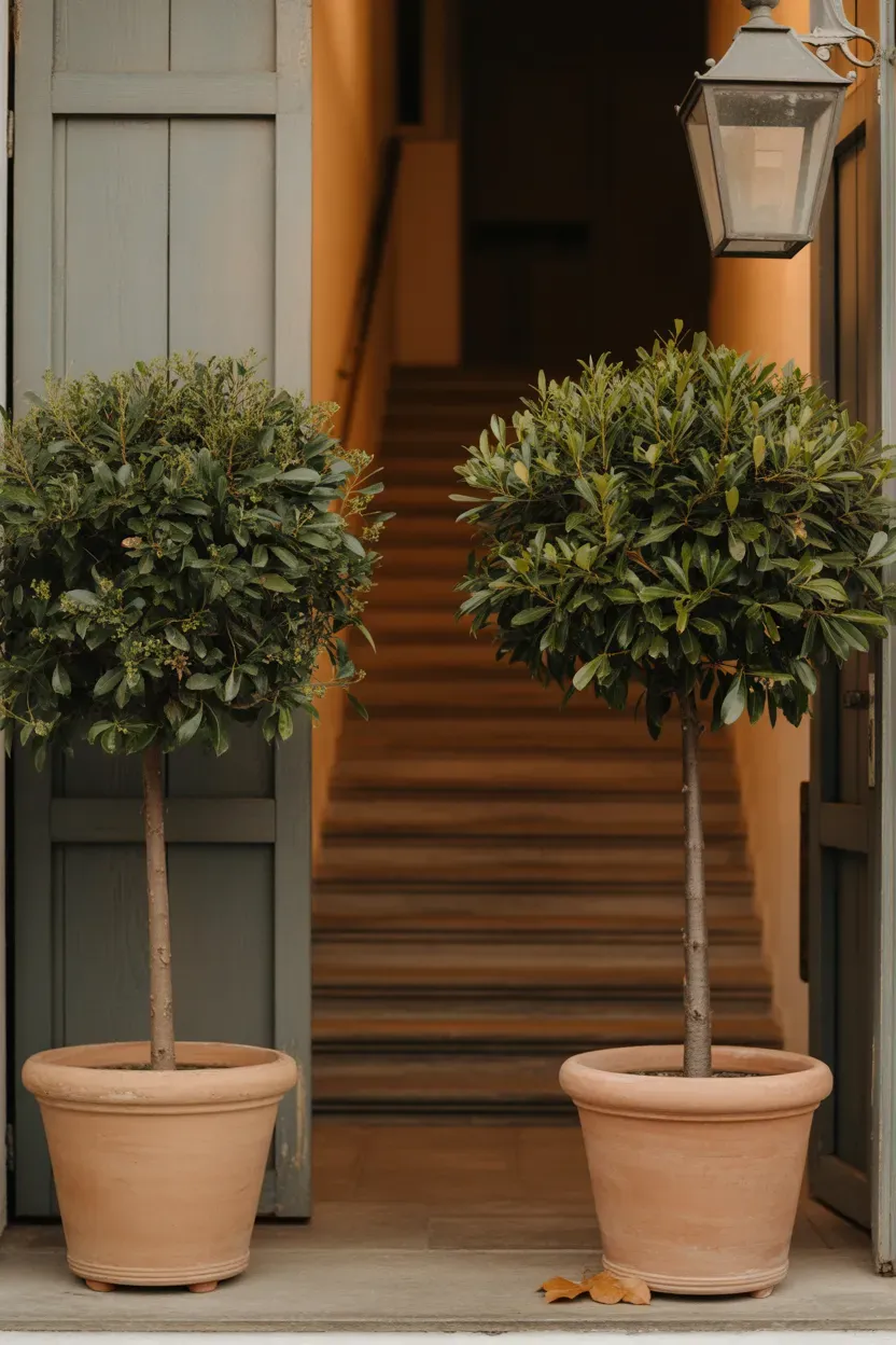 Matching bay laurel standards in terracotta pots flanking old-world sophisticated staircase