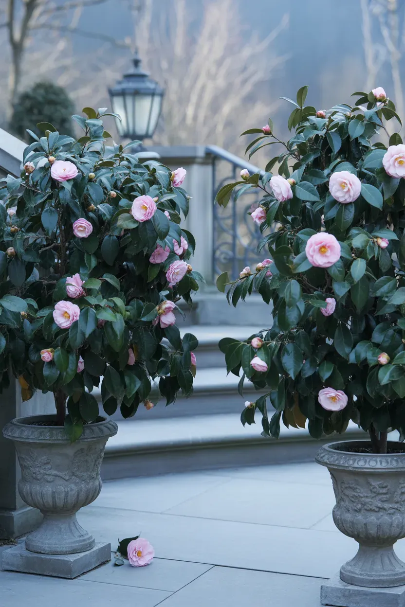 Matched camellia bushes with pink blooms in stone urns flanking elegant luxury staircase