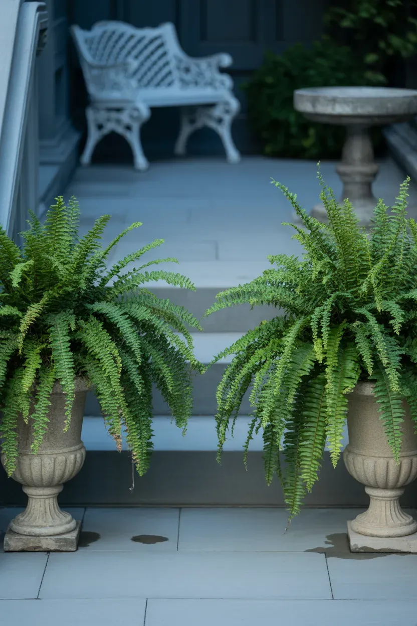 Matching large ferns in cast stone urns flanking cool shaded elegant luxury staircase