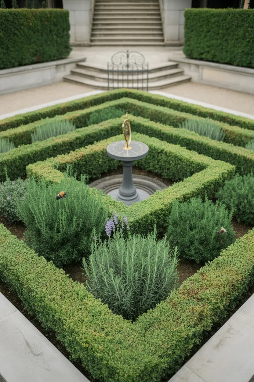 Formal geometric herb parterre with boxwood edging at base of luxury garden staircase