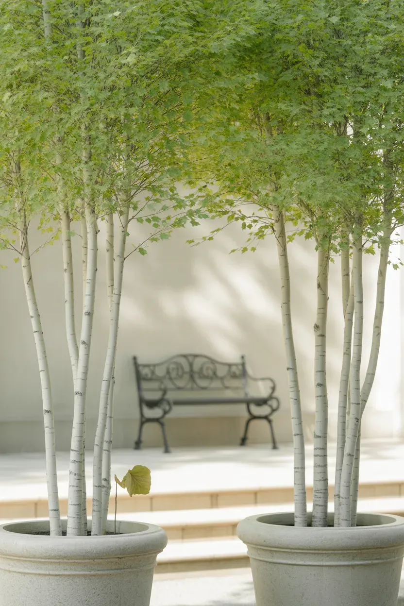Standard magnolia tree with white blooms in cast stone urn beside southern elegant staircase