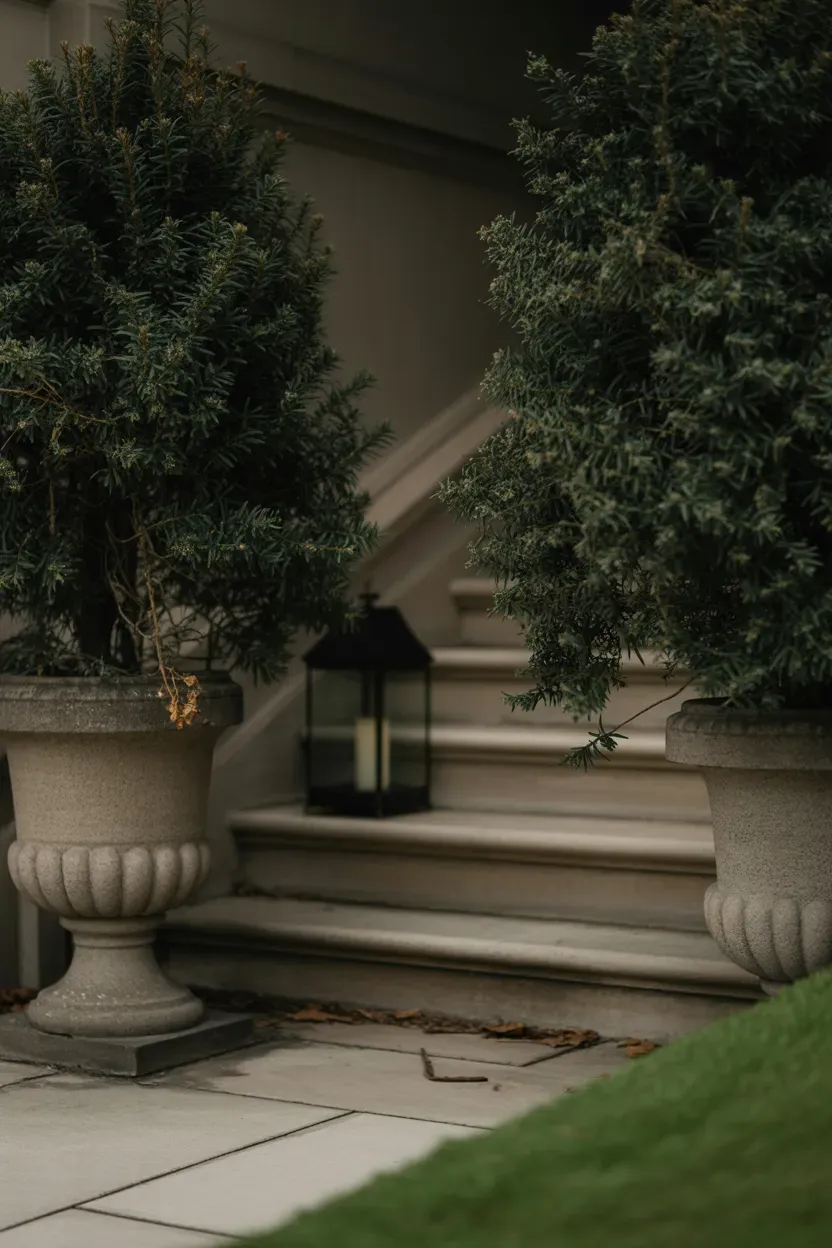 Clipped dark green yew cones in cast stone urns flanking dramatic formal luxury staircase