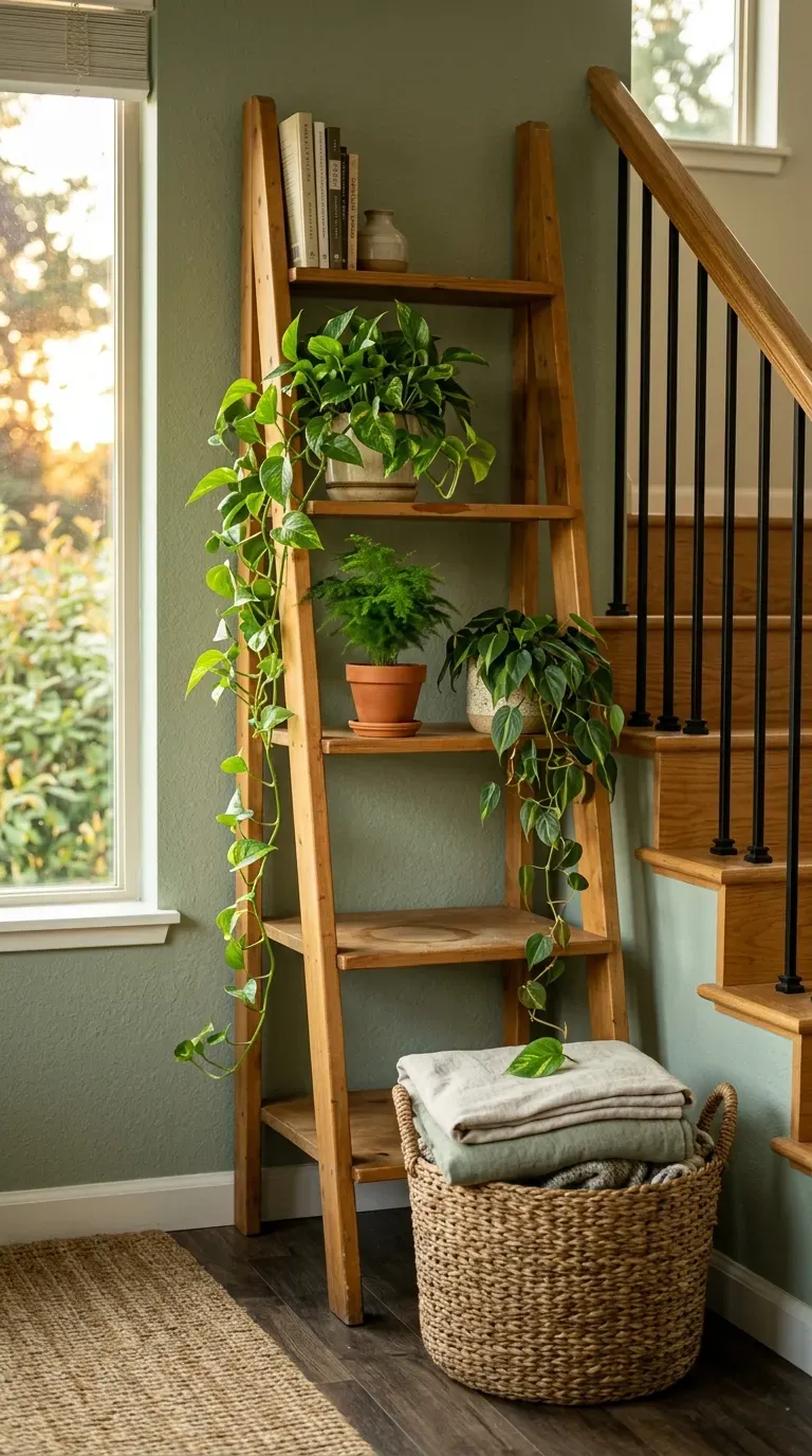 Freestanding wooden ladder shelf holding trailing plants on a staircase landing