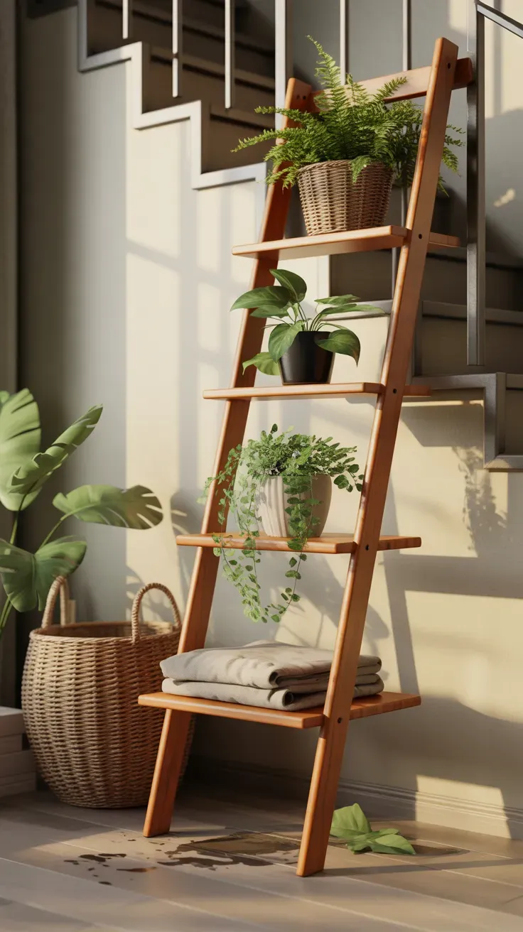 Freestanding wooden ladder shelf holding trailing plants on a rental apartment staircase landing