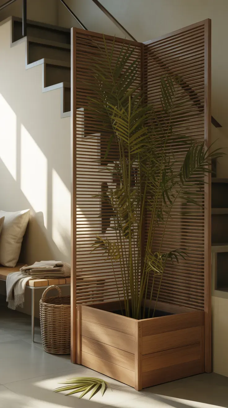 Freestanding slatted room divider with built-in planters holding bamboo palm near a rental staircase