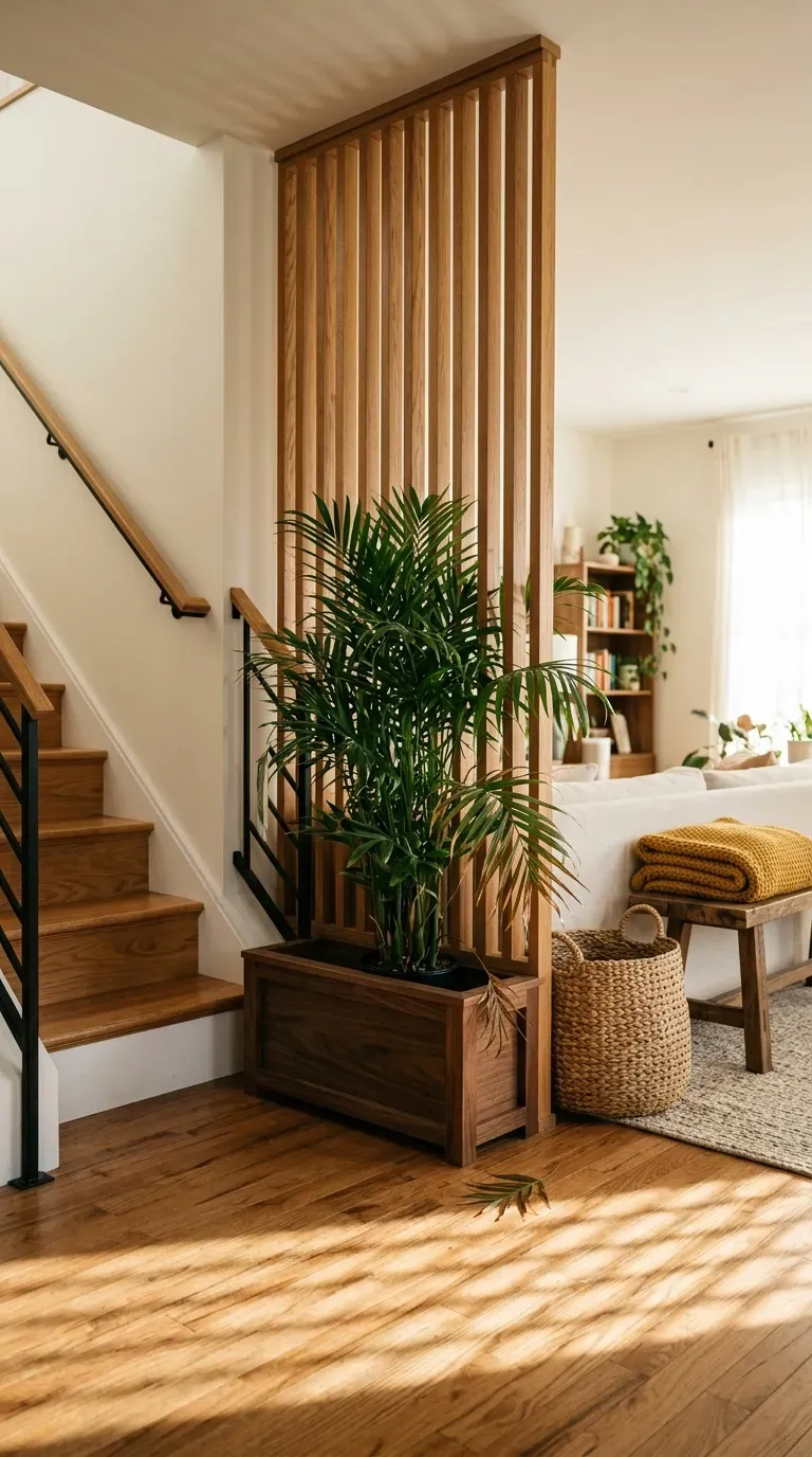 Freestanding slatted room divider with built-in planters holding bamboo palm near a staircase