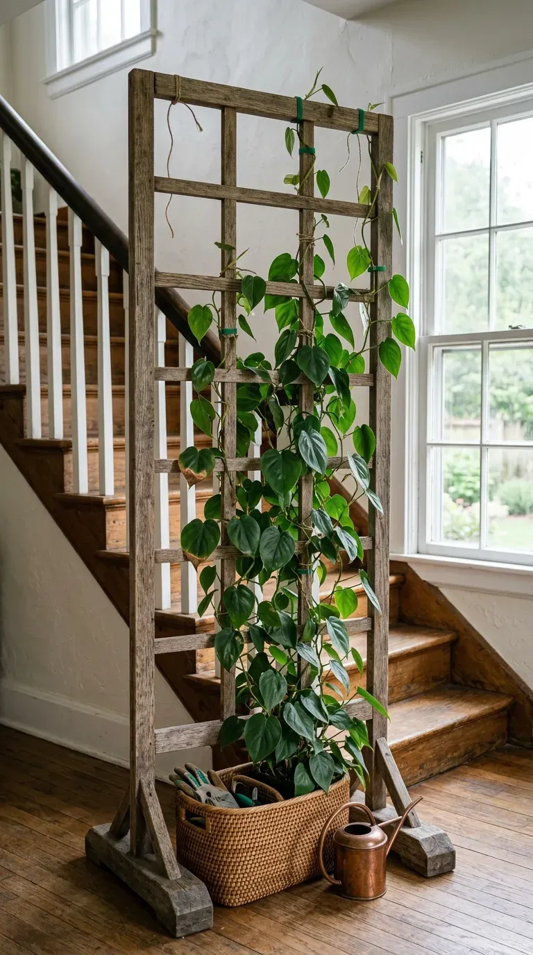 Freestanding wooden trellis screen with climbing philodendron beside a staircase