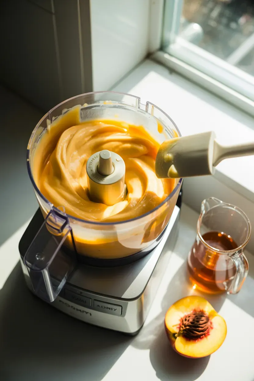 Frozen peach chunks being blended into smooth sorbet in a food processor