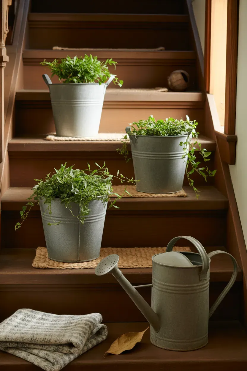 Galvanized metal buckets holding trailing pothos plants on wooden staircase steps