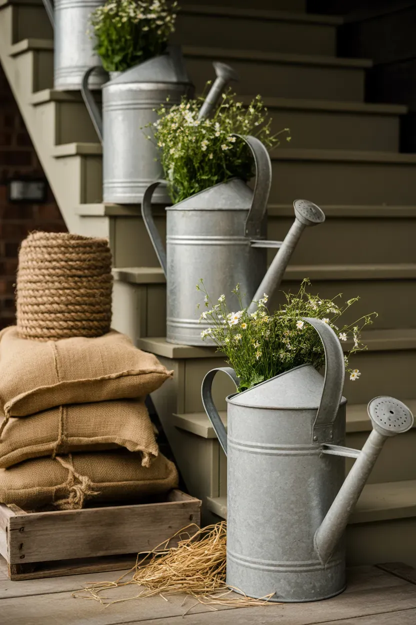 Vintage galvanized watering cans repurposed as planters on farmhouse-style staircase