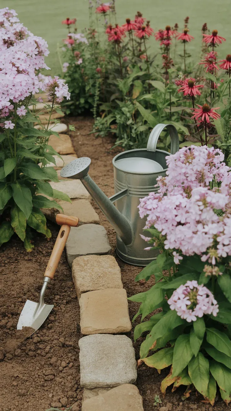 Pink garden phlox flowering next to bee balm along a garden path